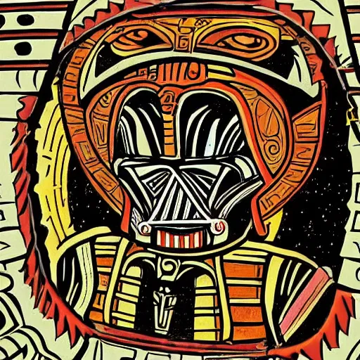 Image similar to ancient aztec art of darth vader inspecting the death star