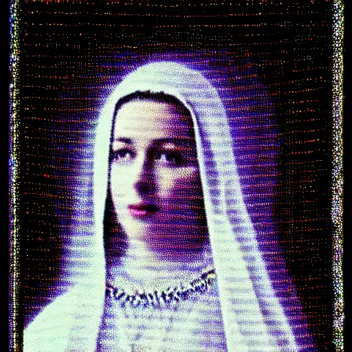 Image similar to vhs static overlay of marian apparition, vhs, 1 9 9 0, highly realistic, highly detailed, vhs noise static, black and white, vhs glitch