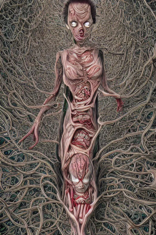 Image similar to Body breaking apart, Conjuring Psychedelic Illustration by Shintaro Kago, ultra realistic, highly detailed, beautiful detailed intricate insanely detailed octane render trending on Artstation, symmetrical, grotesque, 8K artistic photography,