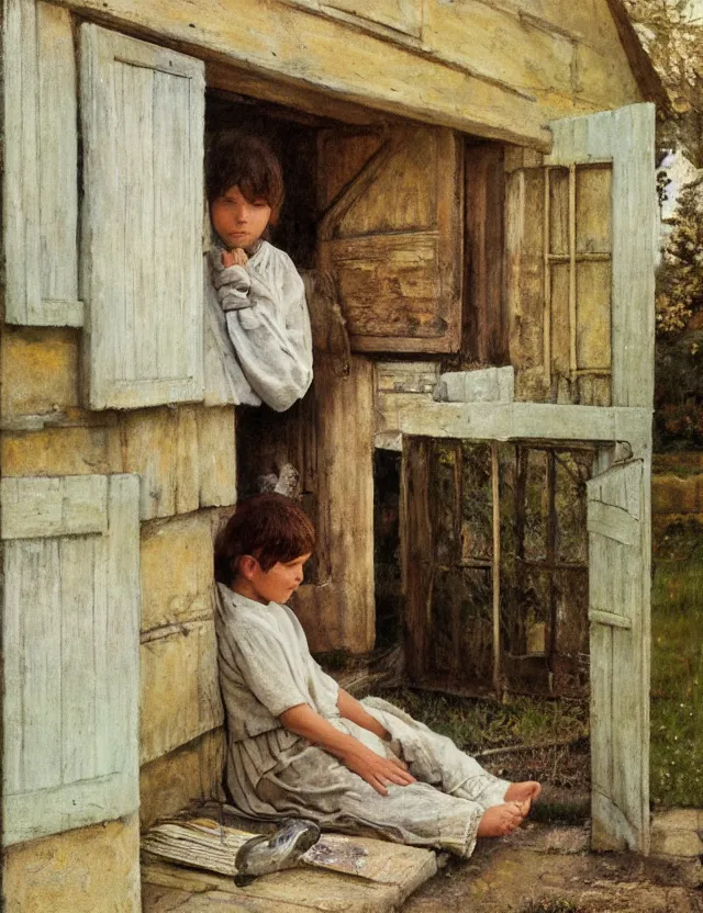 Image similar to peasant boy praying in country house, cottage core, cinematic focus, polaroid photo bleached vintage pastel colors high - key lighting, soft lights, foggy, by steve hanks, by lisa yuskavage, by serov valentin, by tarkovsky, detailed, oil on canvas