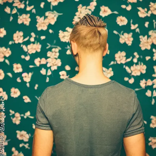 Prompt: kodak portra 4 0 0 photograph of a skinny blonde guy standing in front of floral wallpaper, back view, moody lighting, telephoto, 9 0 s vibe, blurry background, vaporwave colors, faded!,