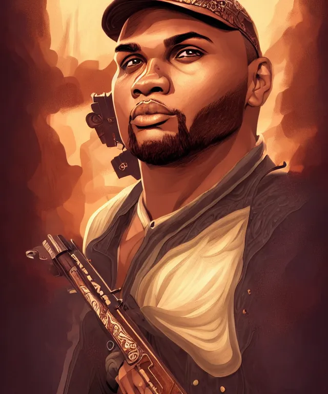 Prompt: fantasy comic style portrait of young charles barkley as a gunslinger, digital illustration by ken taylor and sana takeda, hd, 4 k, intricate, highly detailed!!, character design, cover art, award winning