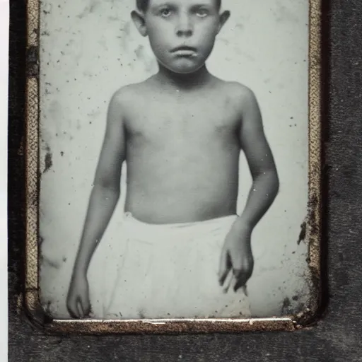 Image similar to tintype photo, swimming deep underwater, kid with huge head