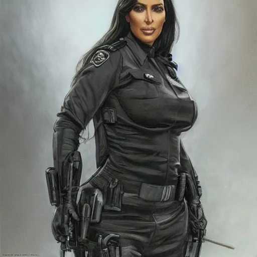 Image similar to kim kardashian as a cop, police uniform, full body view, full pov, haunted house interior, pretty, aesthetic, dust molecules, matte detailed photo, DeviantArt, Artstation, by donato giancola, ralph horley, loish, cinematic lighting