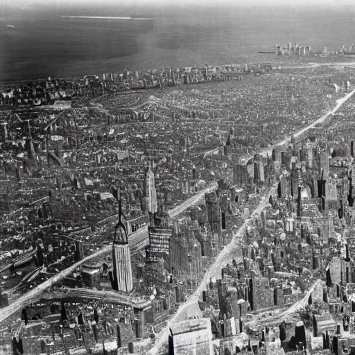 Image similar to aerial view of new york in 1940 with the sky full of zeppelins