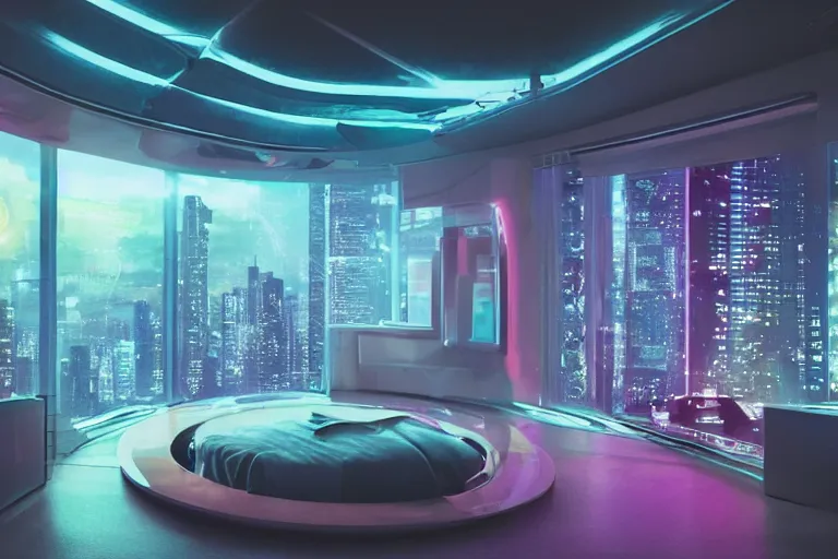 Image similar to a futuristic bedroom with large curved ceiling high windows looking out to a far future cyberpunk cityscape, cyberpunk neon lights, raining, scifi