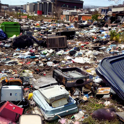 Image similar to view from ground level of a landscape full of junkyards, garbage heaps and recycled electronic gear all covered in a thin layer of transparent strawberry jelly