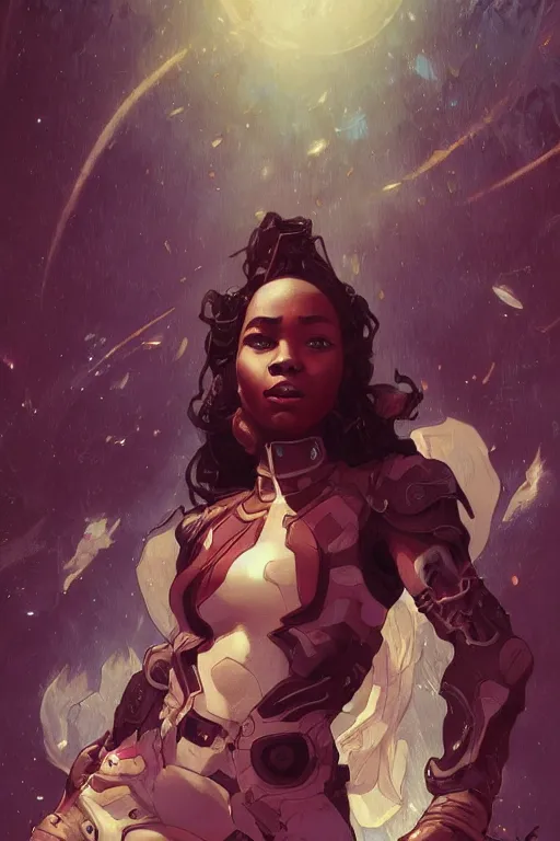 Prompt: heroic image of an african woman space pirate art by artgerm and greg rutkowski and alphonse mucha and Charlie Bowater Trending on artstation, artstationHD, artstationHQ, 4k, 8k