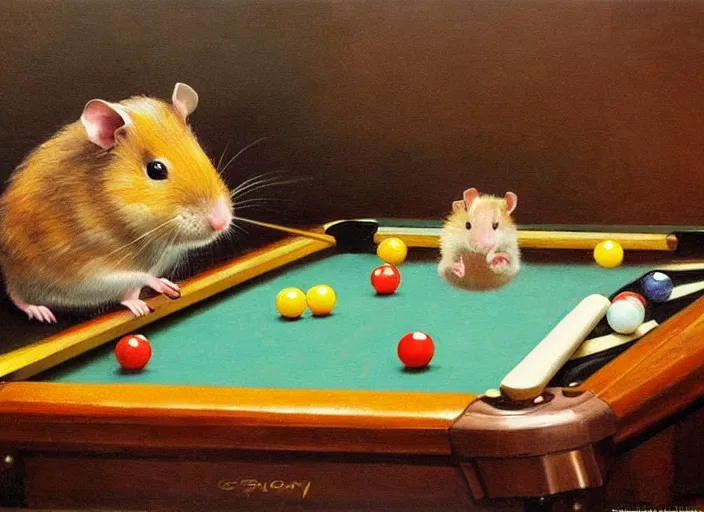 Image similar to a highly detailed beautiful portrait of a hamster playing pool, by gregory manchess, james gurney, james jean