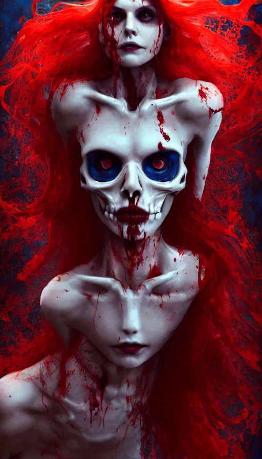 Prompt: woman skeleton body!!, black bones!!, covered with blood, alexandra daddario face!!, long red hair, black heavy eyeliner, blue eyes, beautiful lighting, by wlop, by yoshitaka amano, octane render, composition, beautiful face, expressive oil painting, steampunk, 4 k