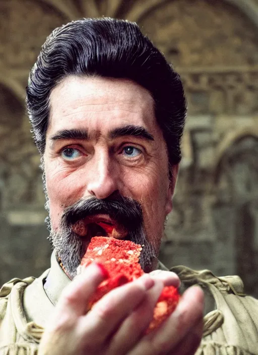 Image similar to closeup portrait of a medieval stalin eating cakes in the cloisters, depth of field, zeiss lens, detailed, symmetrical, centered, fashion photoshoot, by Annie Leibovitz and Steve McCurry, David Lazar, Jimmy Nelsson, Breathtaking, 8k resolution, extremely detailed, beautiful, establishing shot, artistic, hyperrealistic, beautiful face, octane render