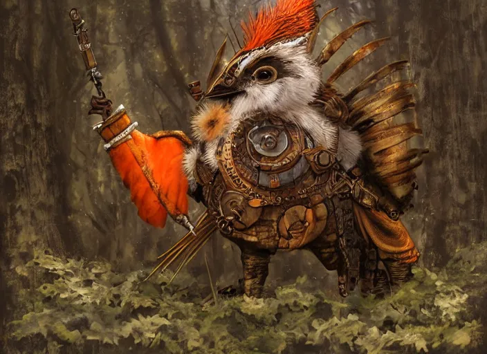 Prompt: ashigaru steampunk - inspired feathered mic, colorful plumage, lacquered armor, cute but determined, hard focus, art station, by jessica rossier and brian froud, cinematic fantasy painting, orange grey white, in a woodland glade