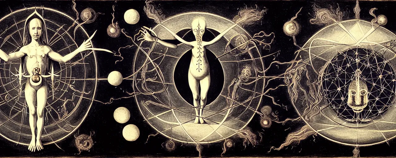 Image similar to a strange alchemical homunculus sings a unique canto about'as above so below'to the cosmos, while being ignited by the spirit of haeckel and robert fludd, breakthrough is iminent, glory be to the magic within, in honor of saturn, painted by ronny khalil