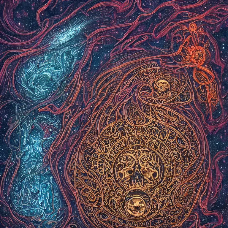 Prompt: a intricate mandala of skulls and flesh and bone with deep and intricate rune carvings and weaving lovecraftian tentacles emerging from a space nebula by dan mumford, twirling smoke trails, a twisting vortex of dying galaxies, collapsing stars, digital art, photorealistic, vivid colors, highly detailed, intricate