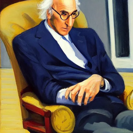 Prompt: larry david sitting on a bagel chair, edward hopper painting