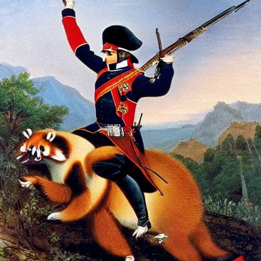 Prompt: napoleon bonaparte protecting a red panda at the battle field while under fire, an army in the background, ultra detailed, realistic,