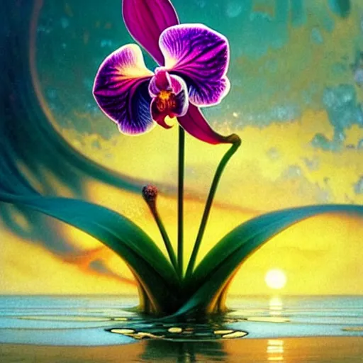 Prompt: detailed giant orchid flower surrounded by ocean wave, lsd water, ripples, transparent droplets, backlit, sunset, refracted lighting, art by collier, albert aublet, krenz cushart, artem demura, alphonse mucha