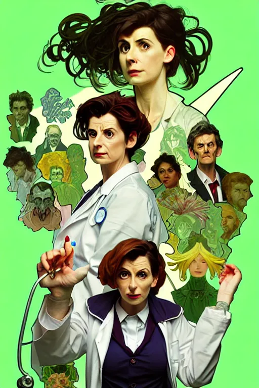 Image similar to doctor who, woman, as a mad dentist, on a plain green background, art by artgerm and greg rutkowski and alphonse mucha