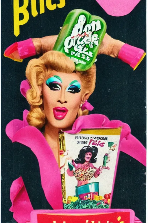 Image similar to drag queen on pickles cereal box, vintage packaging