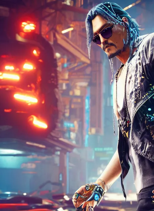 Prompt: film still of Johnny Depp as Johnny Silverhand in Cyberpunk 2077, gameplay, 8k, HD