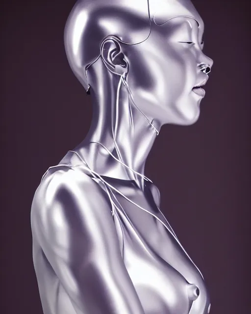 Image similar to realistic photo portrait of a metal woman with human head in the style of hajime sorayama, studio lighting, 1 5 0 mm