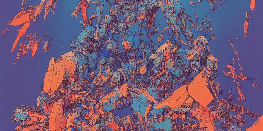 Prompt: risograph, gigantic mecha faces, no artifacts, tiny rats, a lot of exotic animals around, big human faces everywhere, by satoshi kon and moebius, matte blue colors, surreal design, crispy, super - detailed, a lot of tiny details, no blur, 4 k, fullshot