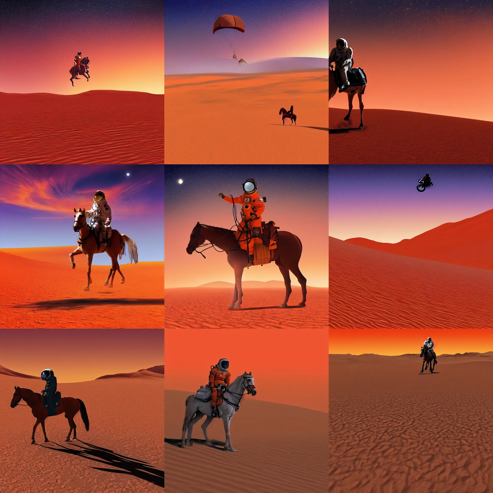 Prompt: an astronaut riding a horse on the desert dunes of mars with an orange color sky in the background, digital art