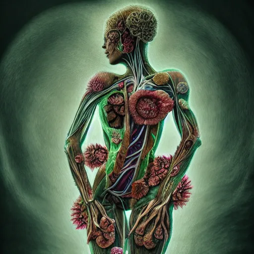 Image similar to a beautiful detailed photo of a rotten woman corpse morphing into fractal plants and fractal flowers and mushrooms, muscles, veins, anatomical, intricate, ornate, volumetric light, beautiful lit, romero ressendi