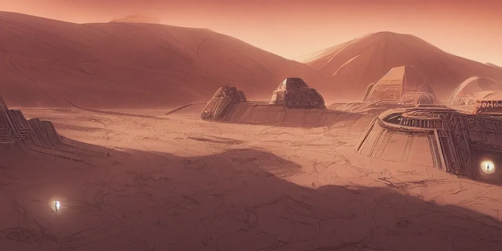 Prompt: dune city and temples of arrakis, arrakeen, from frank herbert novels, composition idea concept art for movies, style of denis villeneuve and greg fraiser