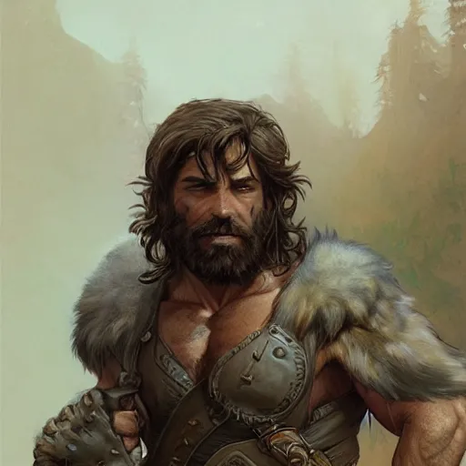 Image similar to portrait of a gruff ranger, muscular, upper body, hairy chest, D&D, fantasy, intricate, elegant, highly detailed, digital painting, artstation, concept art, matte, sharp focus, illustration, art by Artgerm and Greg Rutkowski and Alphonse Mucha