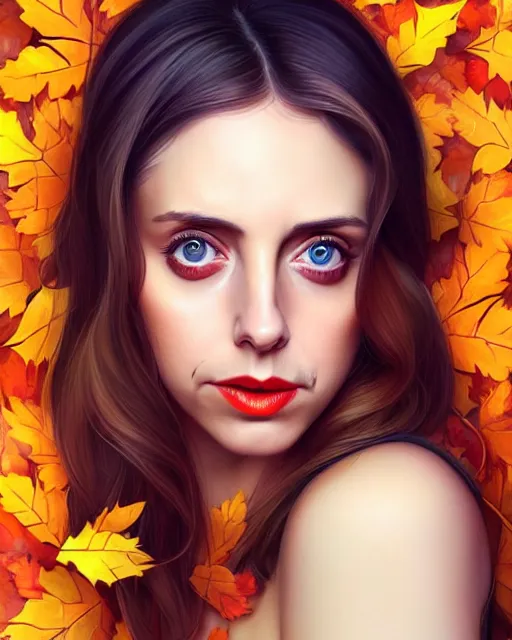 Image similar to gorgeous young Alison Brie, realistic character concept, full body, autumn leaves, orange yellow, shorter neck, illustration, symmetrical face and body, realistic eyes, cinematic lighting, detailed realistic symmetrical eyes, artgerm, Joshua Middleton, Charlie Bowater, single face, insanely detailed and intricate, beautiful