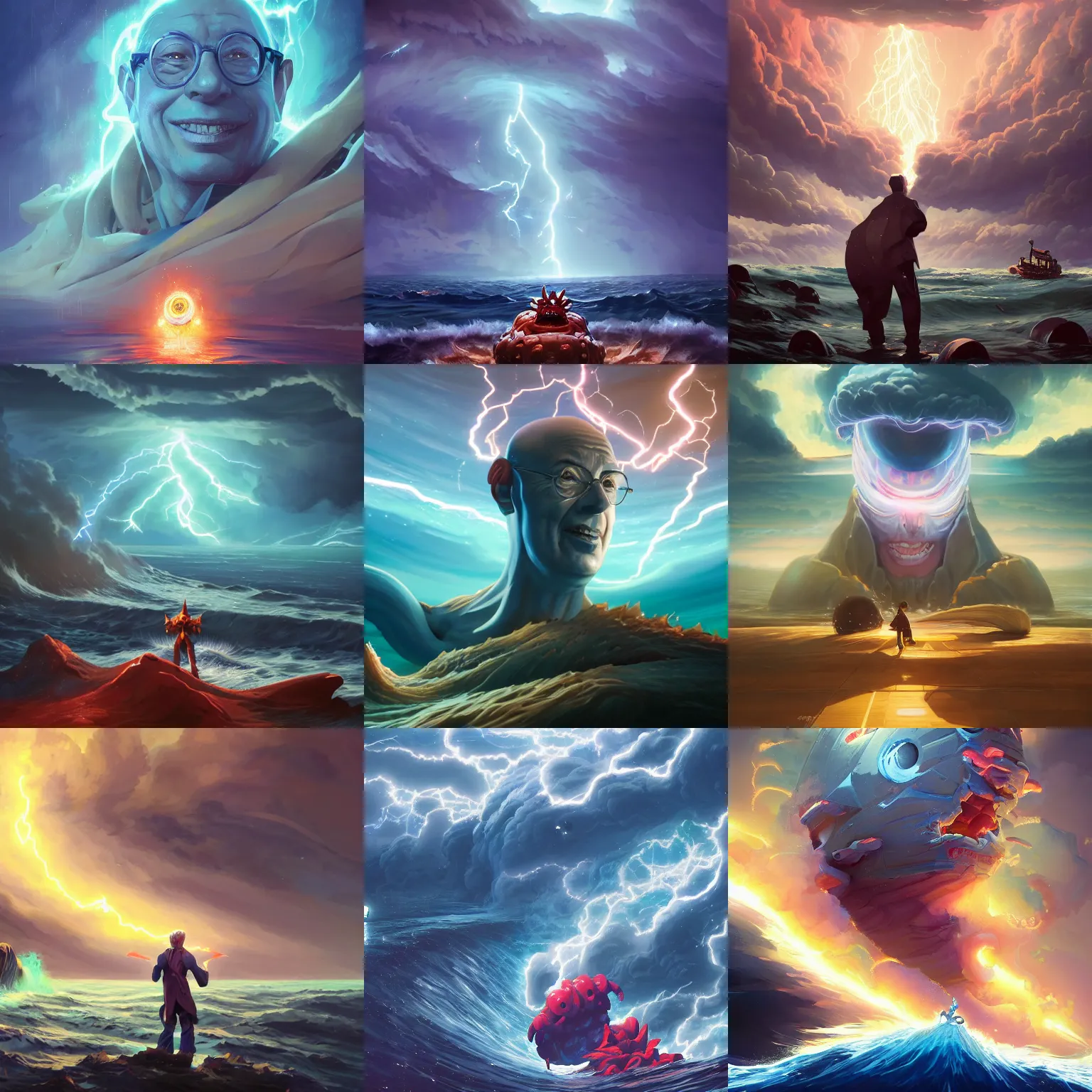 Prompt: klaus schwab as a cosmic monster in a stormy sea, lightning in the background, high detail painting, by jesper ejsing, by rhads, makoto shinkaih and lois van baarle, ilya kuvshinov, rossdraws global illumination, cinematic