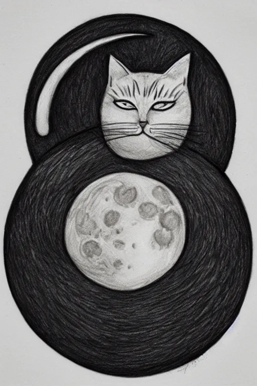 Image similar to cat asleep on moon, pencil art