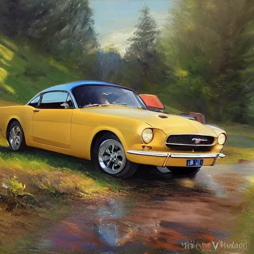 Image similar to blonde driving 1 9 5 0 ford mustang, swedish countryside, freedom, scenic, beautiful, painting by vladimir volegov