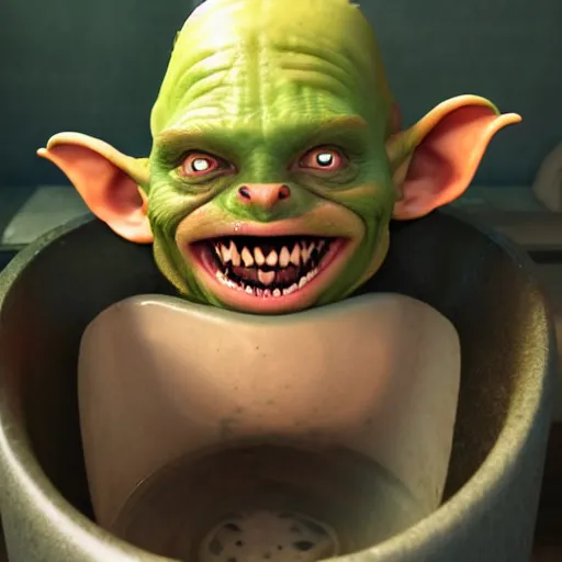 Image similar to Camera footage of an Evil Goblin coming out of a Toilet bowl, 4k, realistic, full image, full body