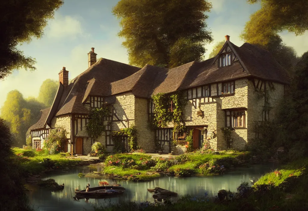 Prompt: a small tudor country house on a hillside with a gravel path and small fishpond, cinematic view, blue sky, detailed, concept art, high angle, high detail, warm lighting, volumetric, godrays, vivid, trending on artstation, by jordan grimmer, art greg rutkowski