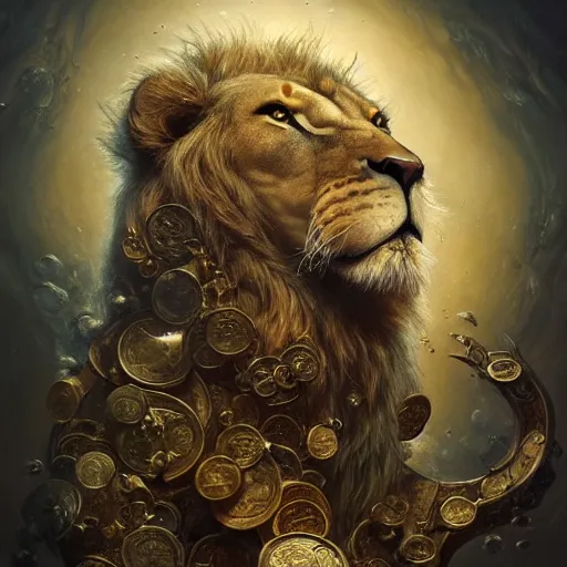 Image similar to a beautiful detailed 3 d matte portrait of a alchemist lion, by ellen jewett, by tomasz alen kopera, by justin gerard, ominous, magical realism, texture, intricate, skull, skeleton, gold coins, money, whirling smoke, alchemist bottles, radiant colors, fantasy, volumetric lighting, high details