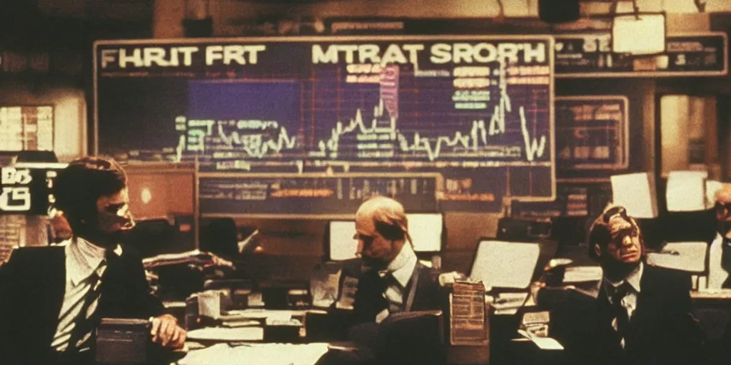 Image similar to colorful muted film still of a wall street board room, ridley scott, crazy fearful atmosphere, bankers crying, stock market crash symbols on the wall, 1 9 8 0 s science fiction, dark science fiction movie