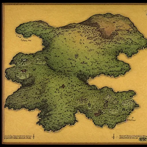 Image similar to an isometric fantasy map, simple, uncluttered, minimal, the land of Odrua, continent with mountains lakes hills and cities, by brian froud by jrr tolkien