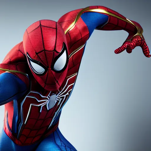 Prompt: still photo of iron spider - man, highly detailed, photorealistic portrait, bright studio setting, studio lighting, crisp quality and light reflections, unreal engine 5 quality render