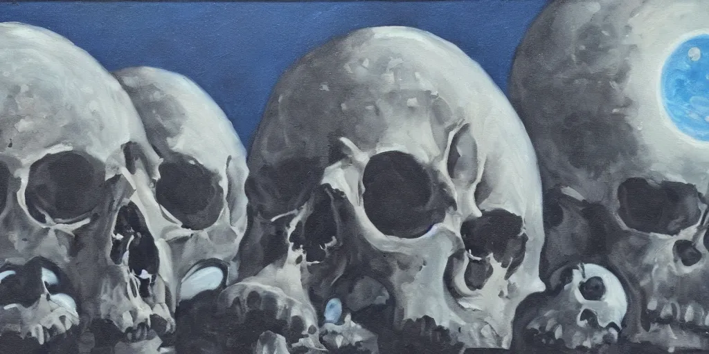 Image similar to a few giant skulls on the moon, oil on canvas