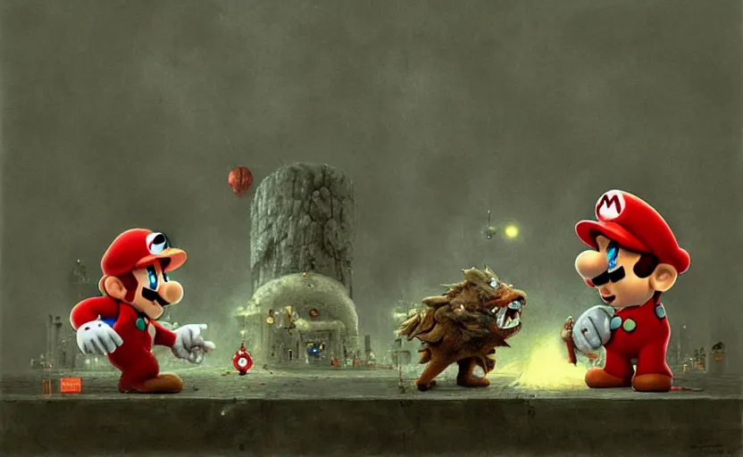 Prompt: super Mario faces off against Bowser by Beksinski