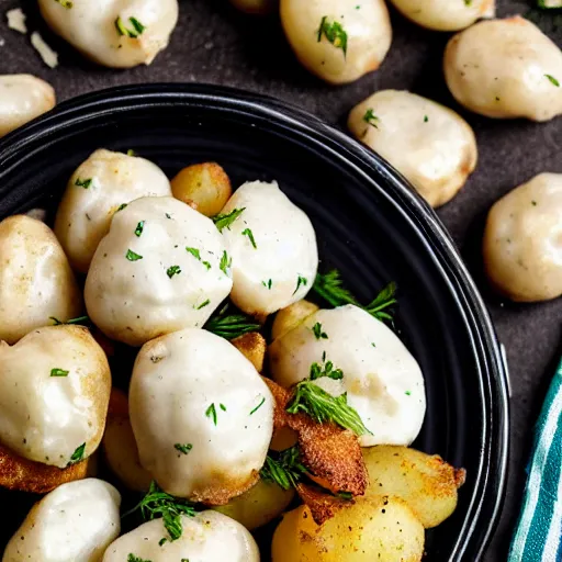 Image similar to a plate of fried pelmeni with a side of fried chopped potatoes