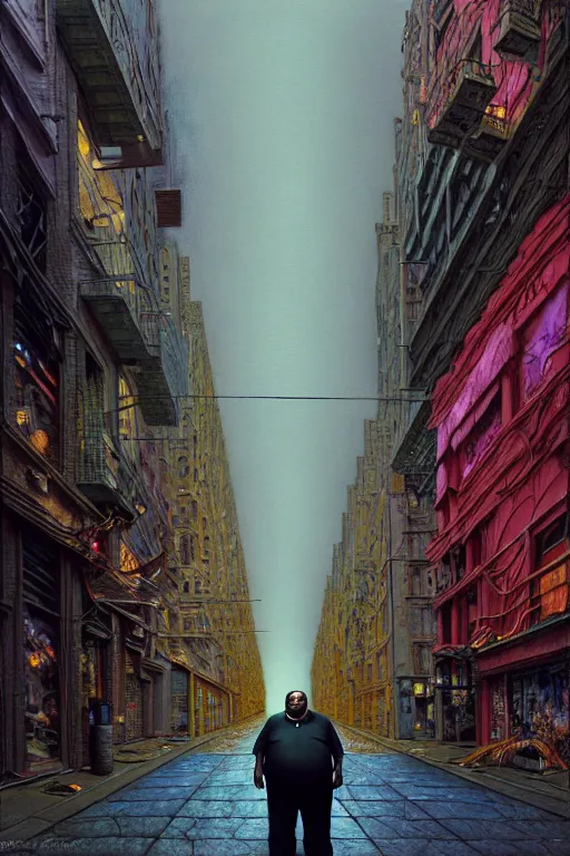 Image similar to hyperrealistic mixed media painting of a morbidly obese man, full body, on an empty city street at midnight, shame, stunning 3d render inspired art by P. Craig Russell and Barry Windsor-Smith + perfect facial symmetry + dim volumetric lighting, 8k octane beautifully detailed render, post-processing, extremely hyperdetailed, intricate, epic composition, grim yet sparkling atmosphere, cinematic lighting + masterpiece, trending on artstation, very very detailed, masterpiece, stunning