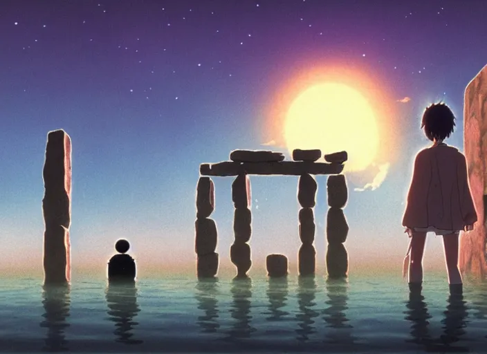 Image similar to a realistic cell - shaded studio ghibli concept art from paprika ( 2 0 0 6 ) of a floating cube from close encounters of the third kind ( 1 9 7 7 ) and a monk meditating on top of a pillar in a flooded stonehenge on a misty starry night. very dull colors, hd, 4 k, hq