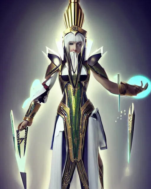 Image similar to perfect white haired attractive egyptian goddess, warframe armor, pharaoh headdress, beautiful, symmetric, dreamy, half asian, pretty face, green eyes, charlize theron, detailed, scifi platform, laboratory, experiment, 4 k, ultra realistic, epic lighting, android body, illuminated, cinematic, masterpiece, art by akihito tsukushi, voidstar