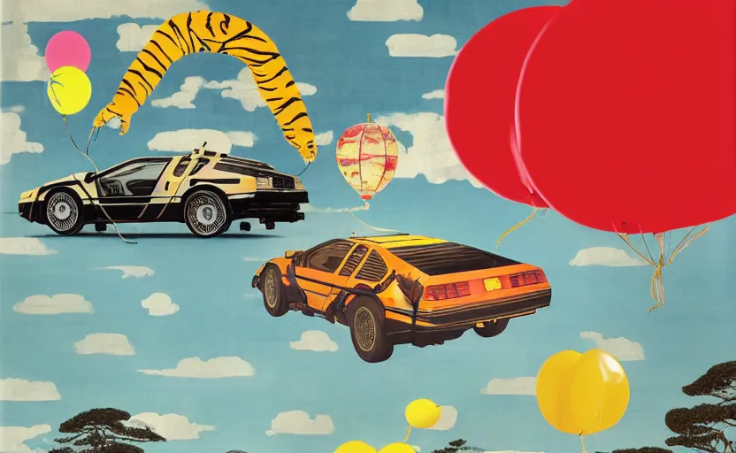 Prompt: a red delorean and a yellow tiger, painting by hsiao - ron cheng, utagawa kunisada & salvador dali, magazine collage style, clouds, balloons, trees, ocean