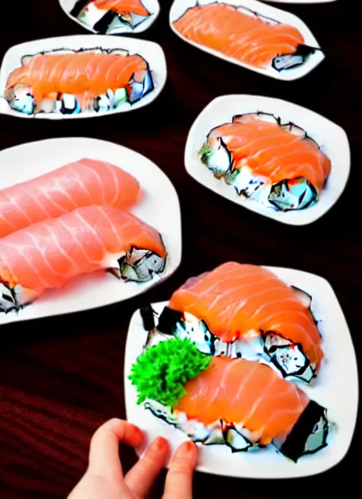 Image similar to clear photograph of cute cats eating sushi from sushi plates