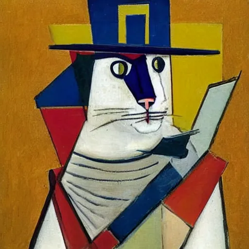 Image similar to a cubism painting of a cat dressed as French emperor Napoleon