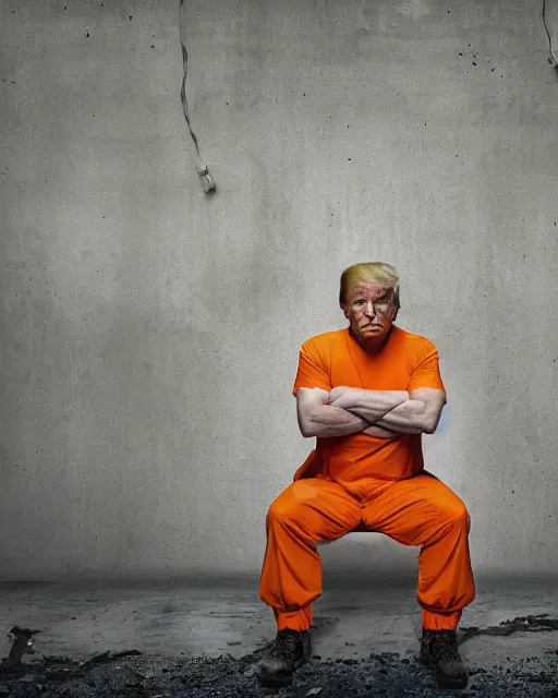 Prompt: a head and shoulders portrait of Donald trump behind bars, wearing a orange jumpsuit, sitting on a toilet holding a bible in a filthy rat infested concrete jail In a maximum security prison, dimly lit, volumetric lighting, arney freytag, craig mullins and Annie Leibowitz, octane, 8k,